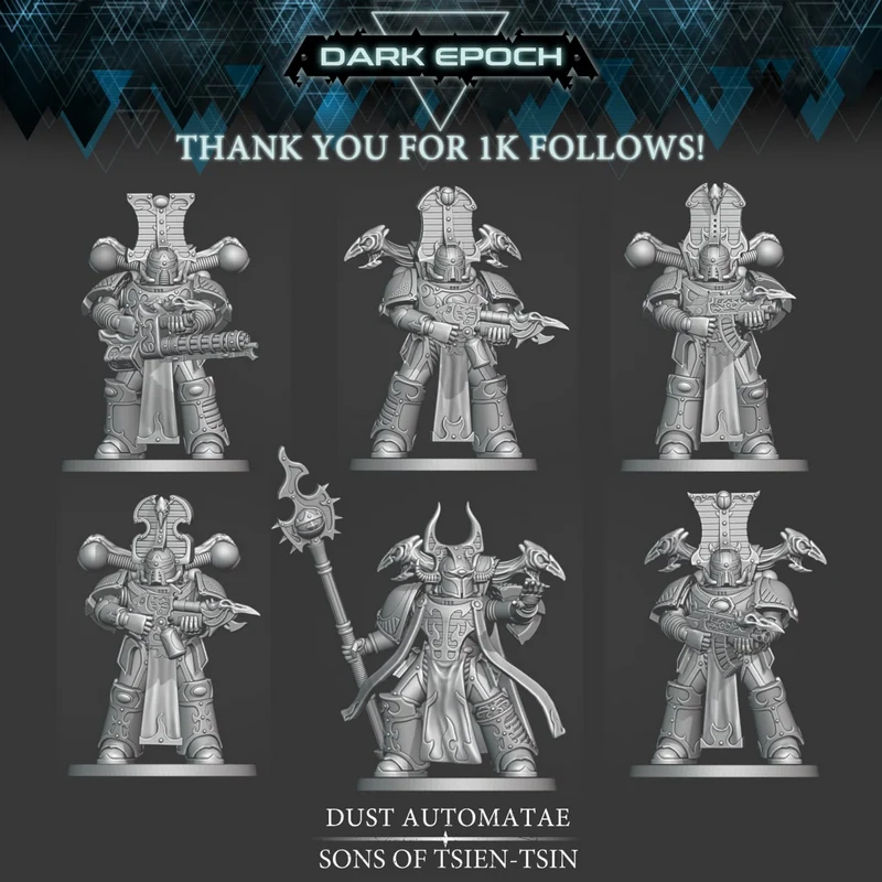 Six ornate armored sci-fi warrior miniatures with weapons and display bases