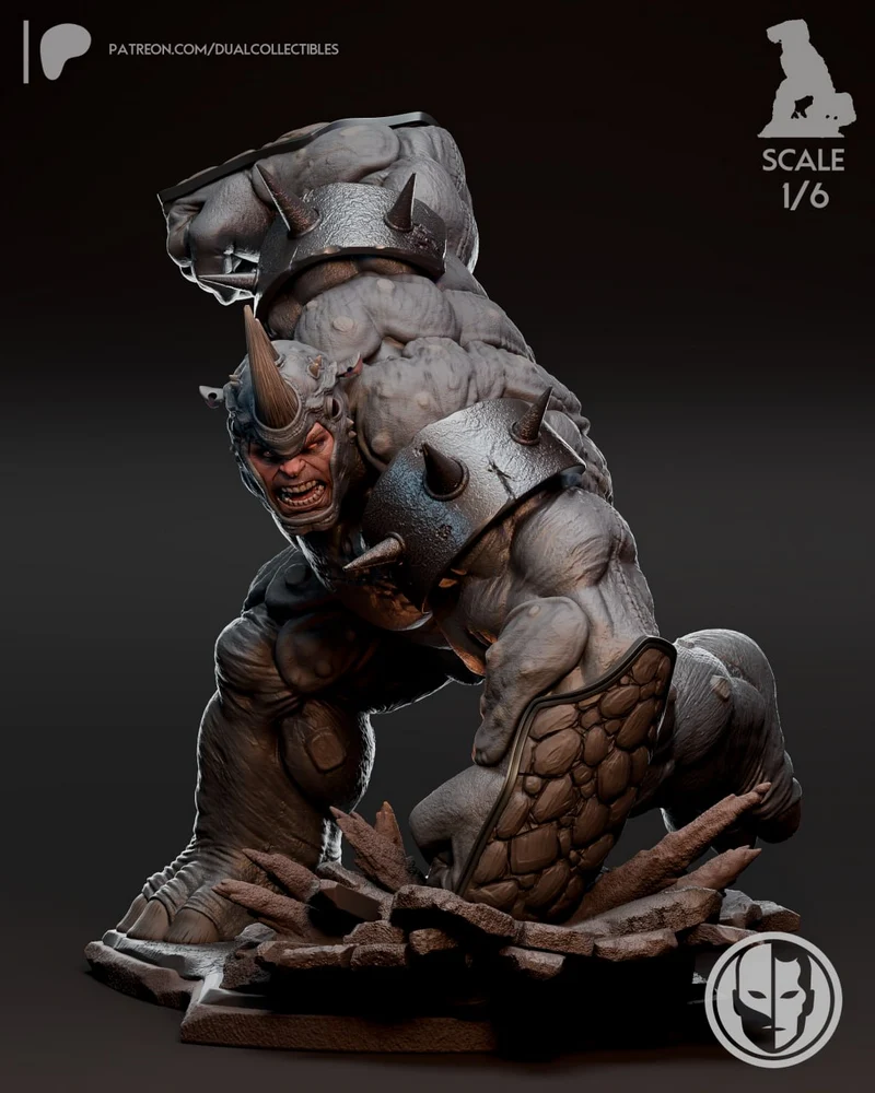 Rhino Marvel character statue with horned helmet, spiked armor and rubble base