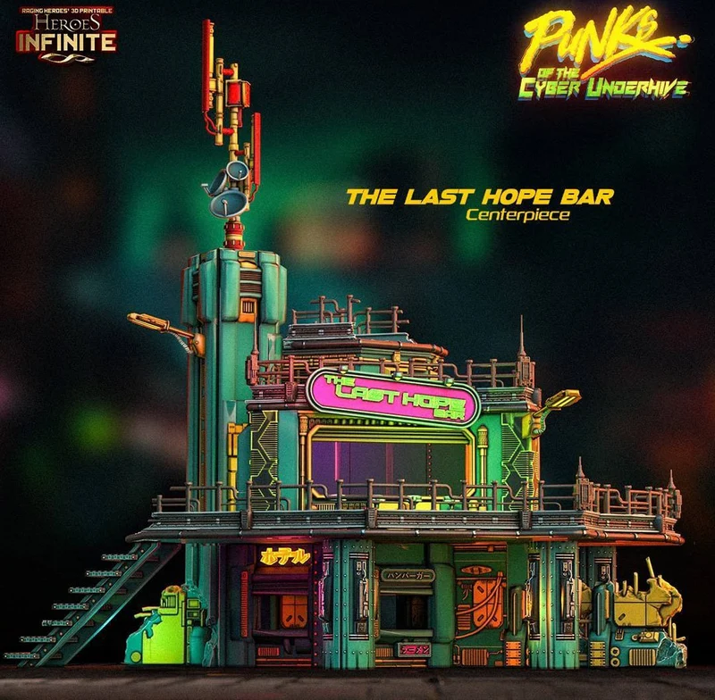Cyberpunk bar centrepiece with neon signage, platforms, pipes and industrial storefronts