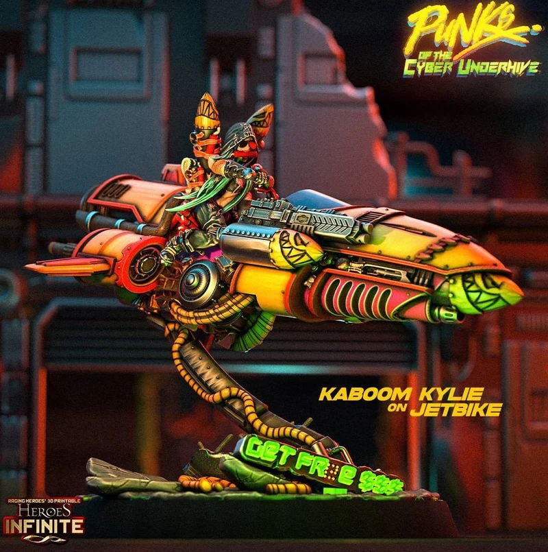 Kylie riding an orange and green sci-fi jetbike on a display base