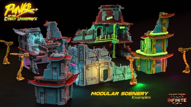 Modular cyberpunk buildings, towers, platforms, and tabletop scenery parts