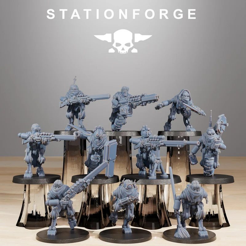 Fantasy scavenger halfling miniatures with weapons and gear on round bases