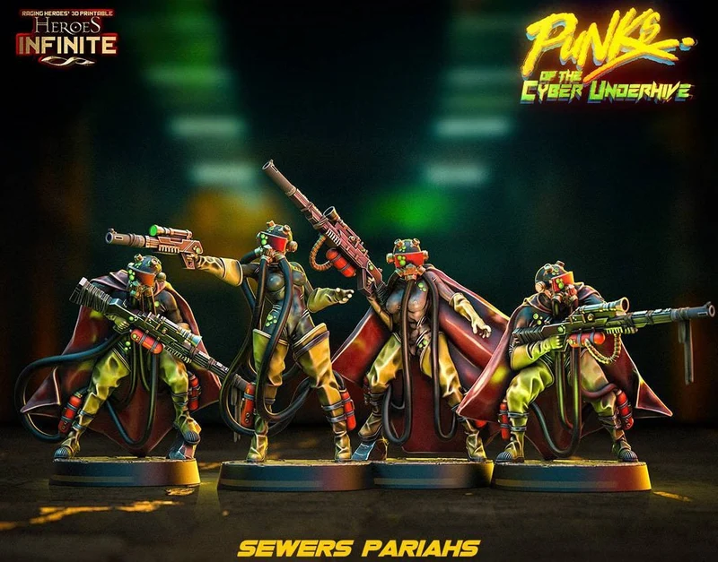 Four cyberpunk sewer pariah miniatures with weapons, masks and flowing coats