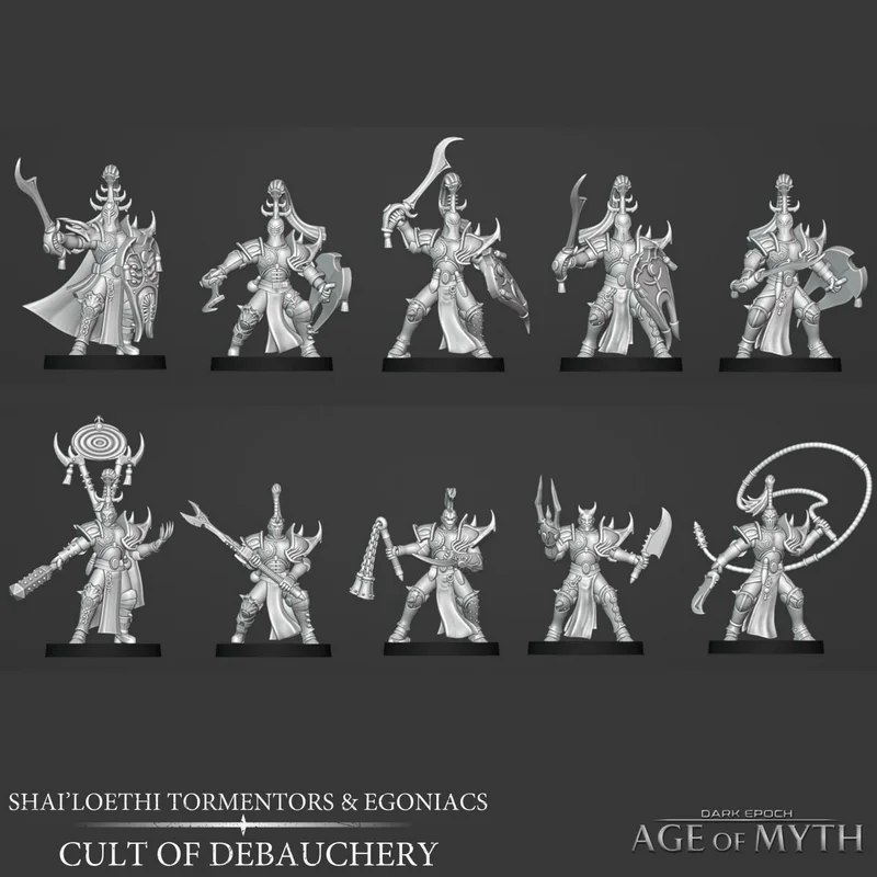 Ten masked Shailoethi Tormentors and Egoniacs armored miniatures on bases
