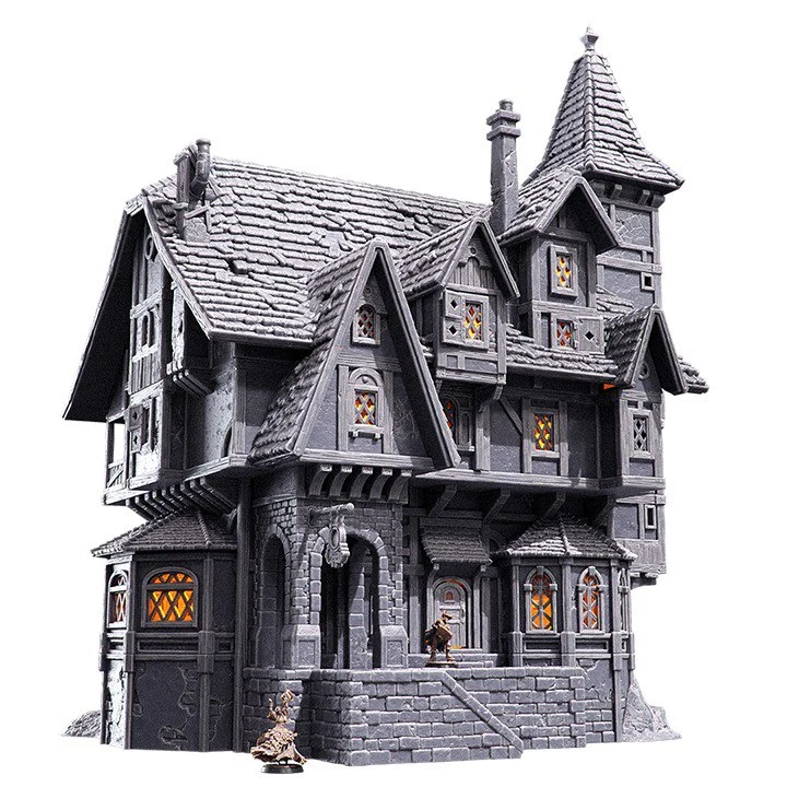 Fantasy Silent Coin Tavern and Inn 3D model with stone walls, timber framing, towers, and steep shingle roofs