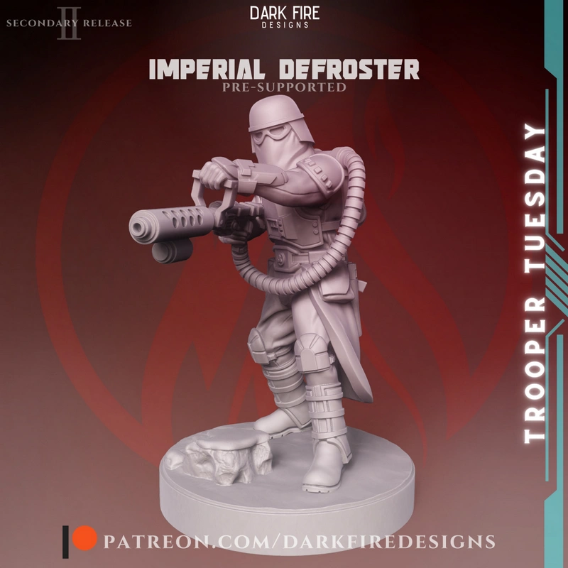 Snowtrooper character miniature holding a large flamer on a round base