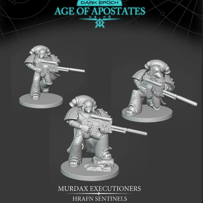 Three armored Murdax Executioners miniatures carrying long rifles on round bases