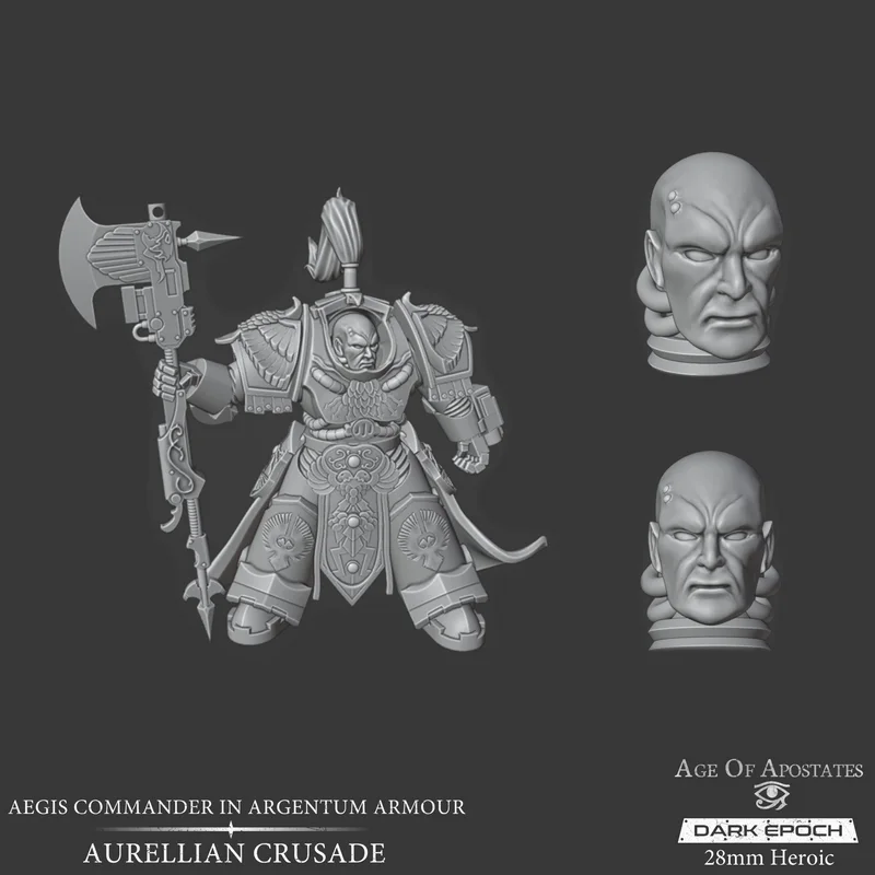 Aegis Commander 28mm armored miniature holding a large axe with two head sculpts