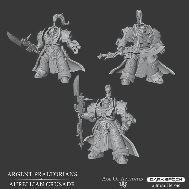 Three ornate Argent Praetorian armored tabletop miniatures with blades and polearms