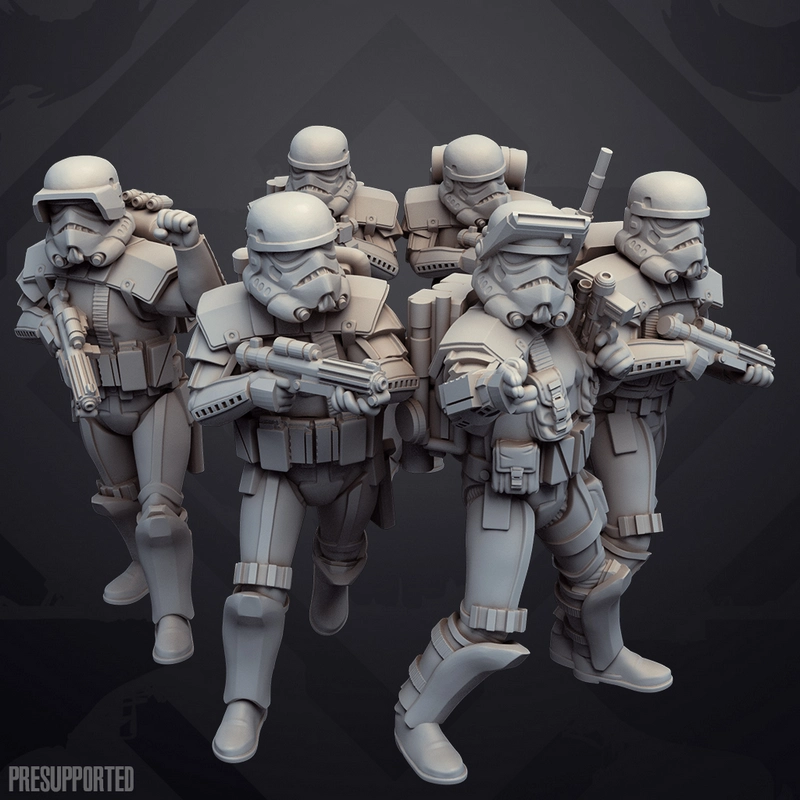 Star Wars stormtrooper group in detailed armor holding blaster rifles