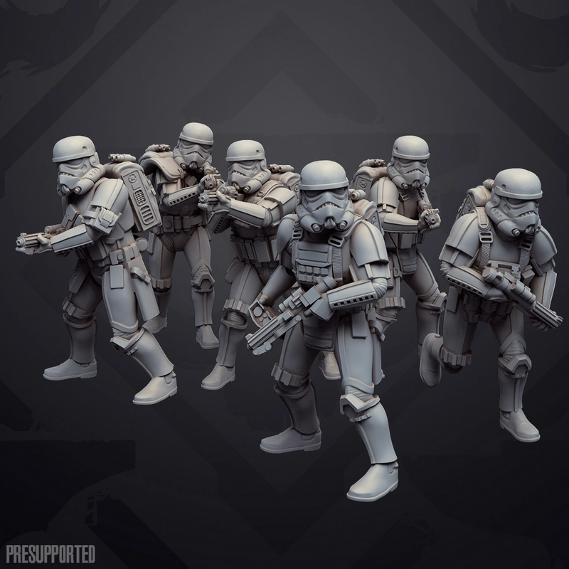 Star Wars stormtrooper squad in white armor holding blasters