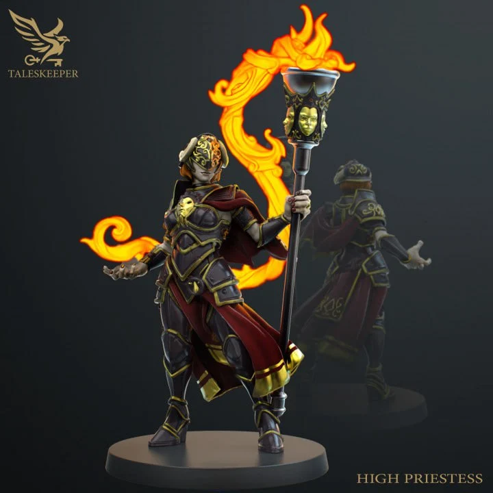 Fantasy High Priestess figure holding a flaming torch on a round base