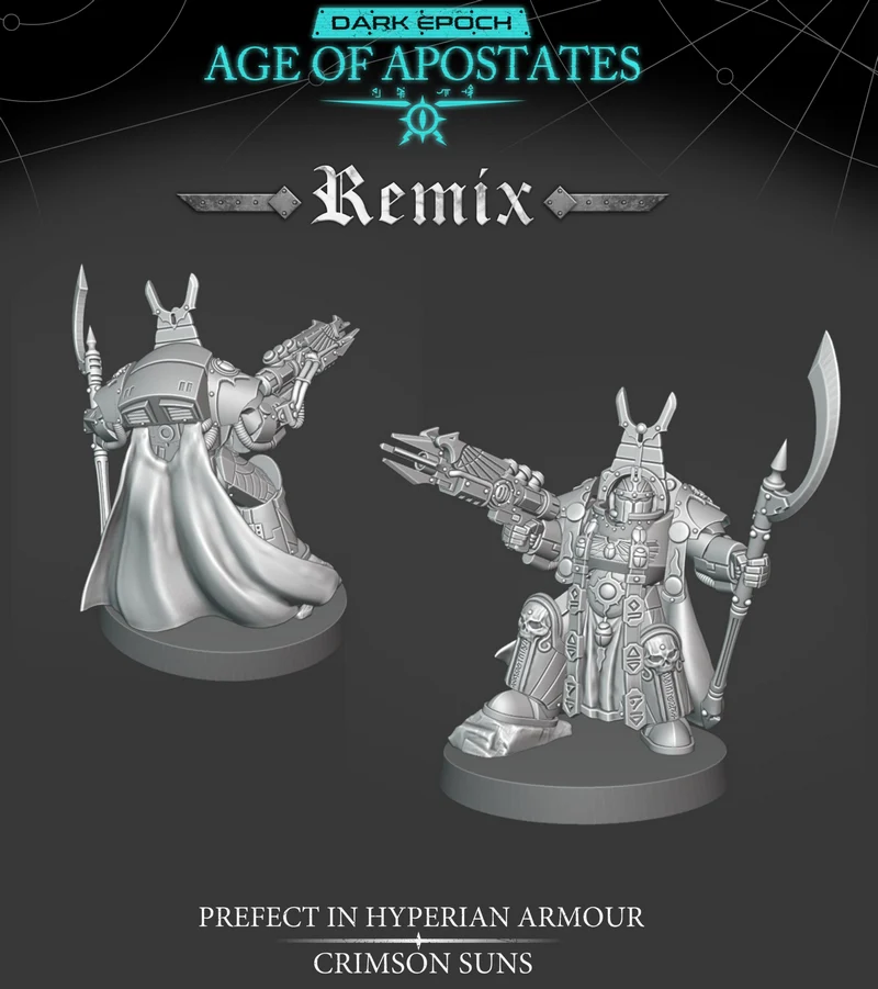 Scarab Occult Terminator Sorcerer miniature with staff, weapon, armor, cape, and base