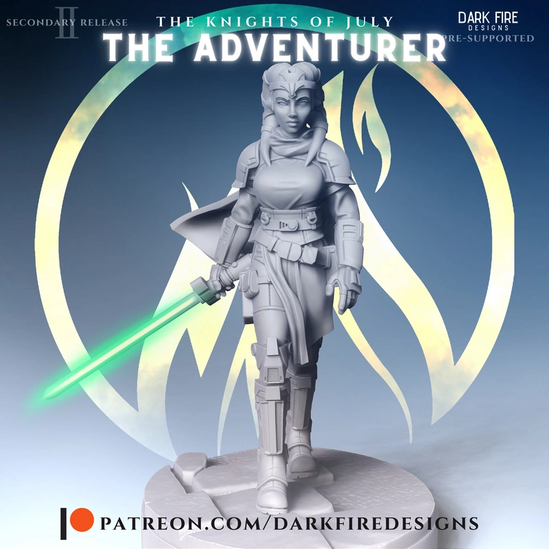Female Star Wars adventurer figure with armor, cape, lightsaber and display base
