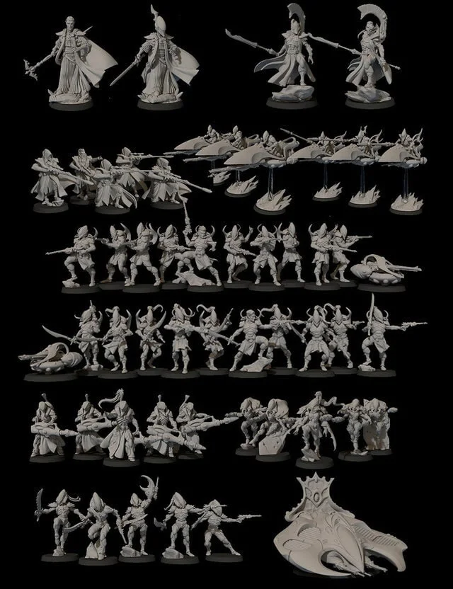 Fantasy miniature set with armored warriors, winged forms, weapons, and scenic bases