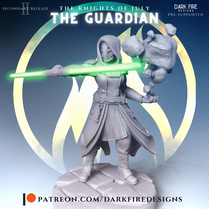 The Guardian Star Wars figure with a hooded robe, glowing staff, and rocky forms