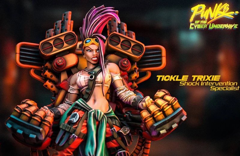 Tickle Trixie character figure with a pink mohawk, goggles, and oversized mechanical gauntlets
