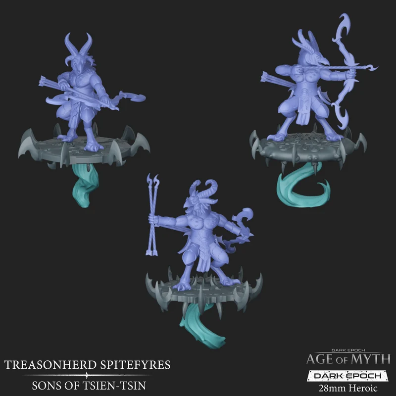 Three horned Warhammer 40,000 miniatures with weapons on spiked scenic bases