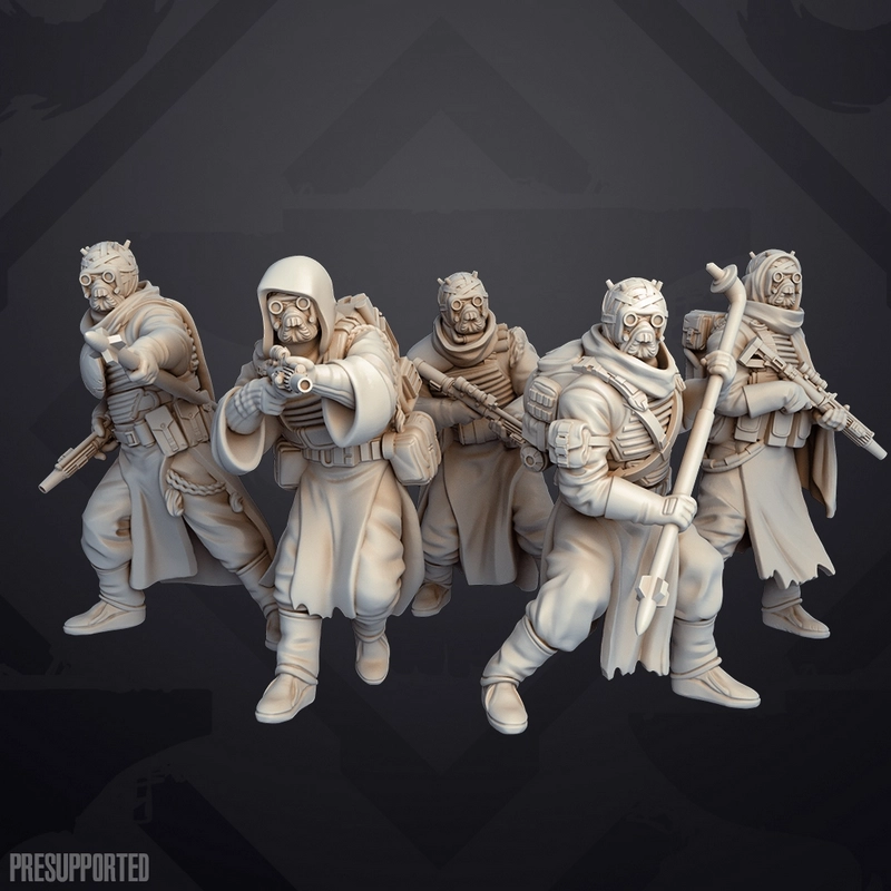 Five Star Wars Tusken Raiders in robes, masks, and gear with weapons