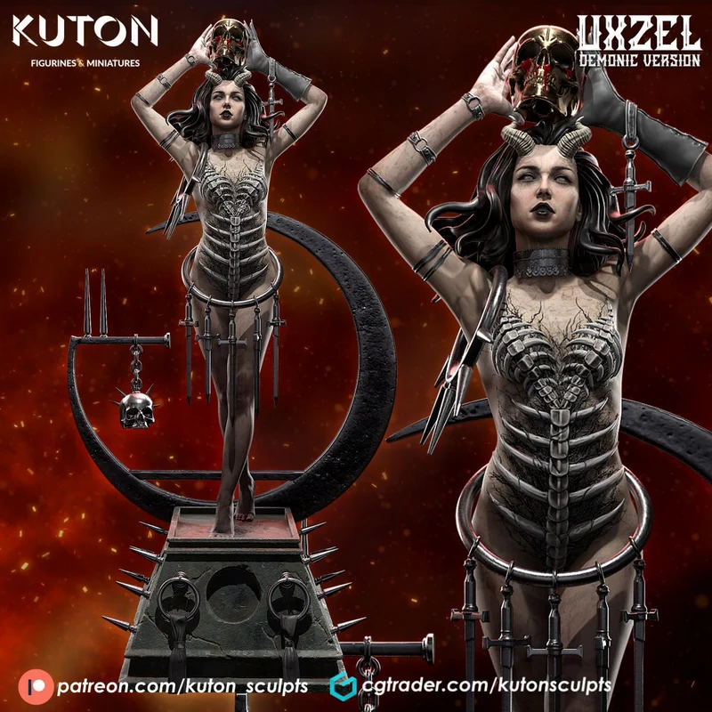 Uxzel Demonic fantasy figurine with horned mask, armor, spikes, skull ornament, and display base