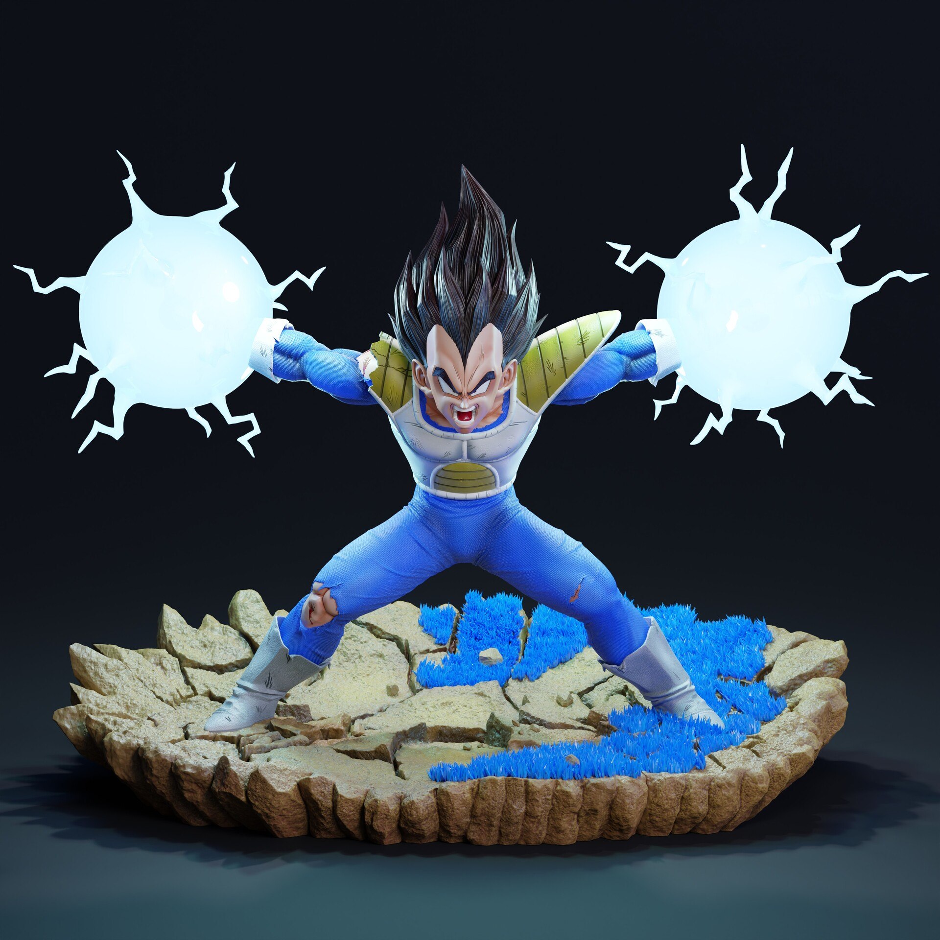 Vegeta Dragon Ball figure in Saiyan armor with energy effects on a rocky base