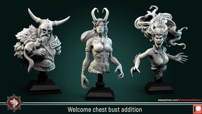 Three fantasy chest busts: a horned warrior, horned woman, and Medusa-like creature