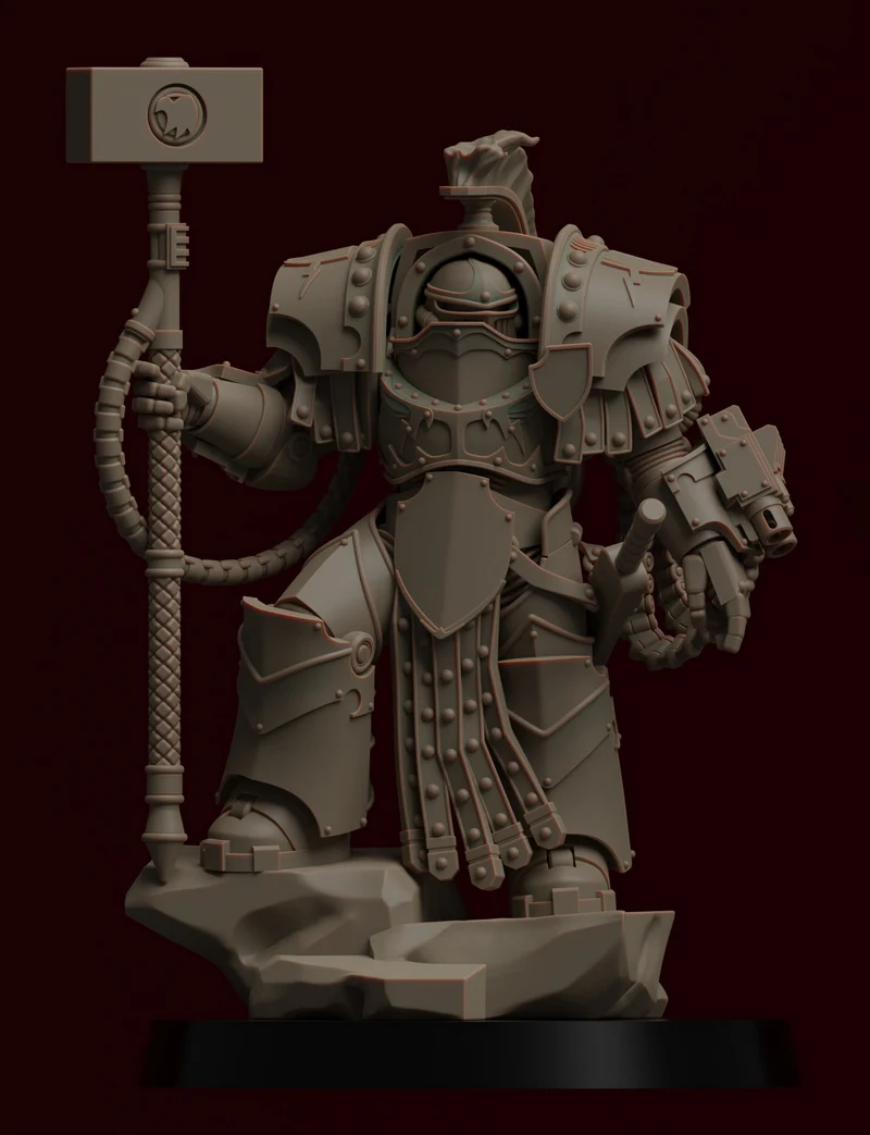 Weary armored science-fiction warrior statue holding a large war hammer