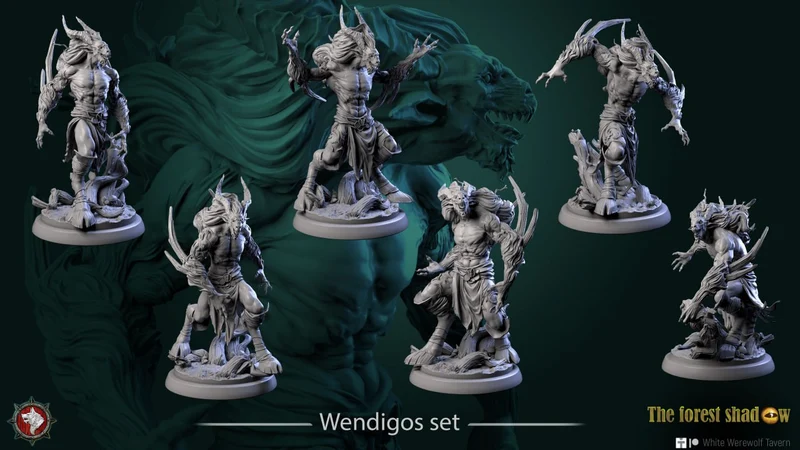 Fantasy Wendigo creature miniatures with antlers, claws, varied poses, and round sculpted bases