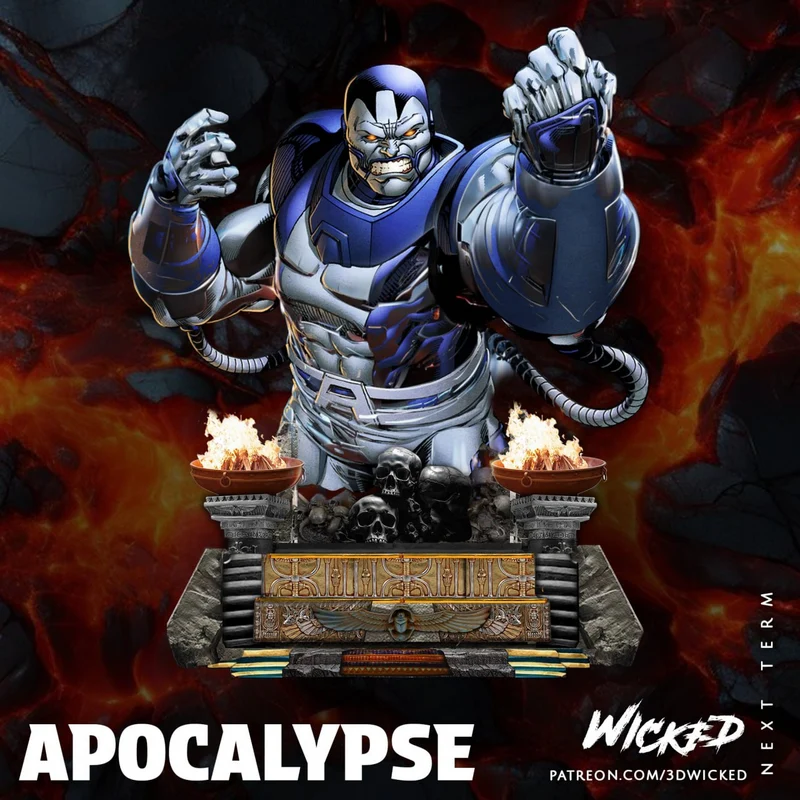 Marvel Apocalypse armored bust with raised fists on an ornate skull-covered base
