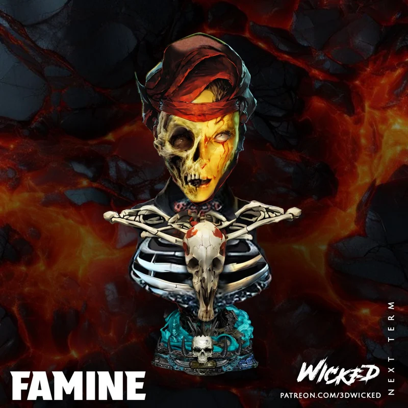 Marvel Famine skeletal bust with hooded skull, exposed ribs, chest skull, and ornate base