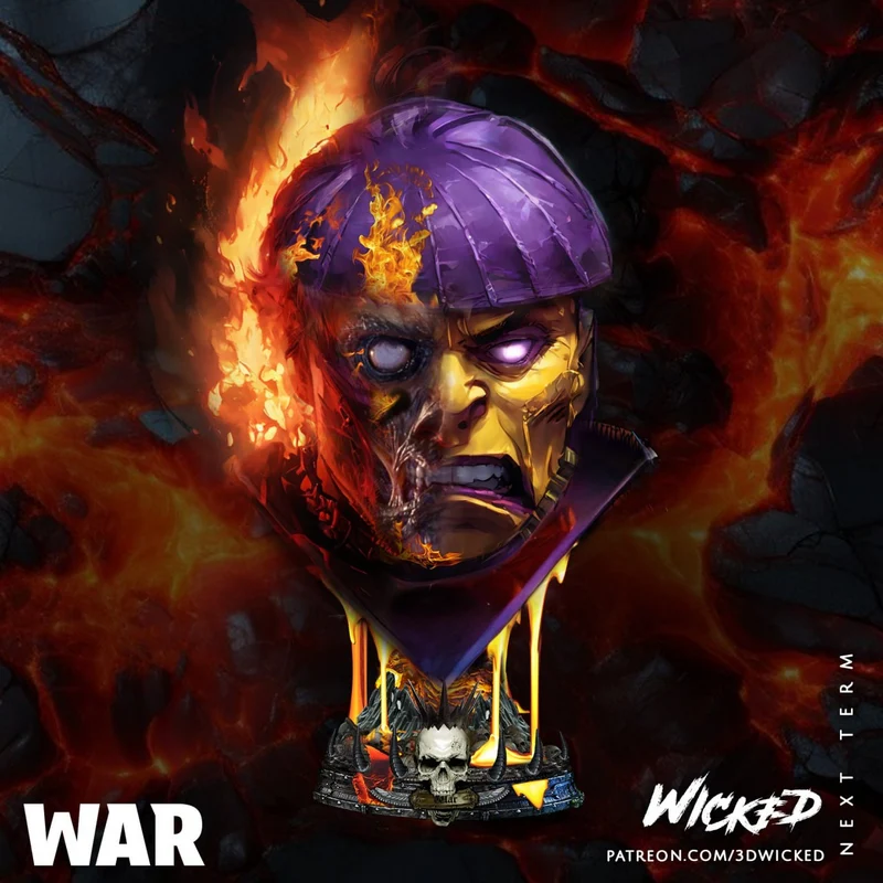 War Marvel bust with a split damaged face, purple helmet, flames, and skull display base