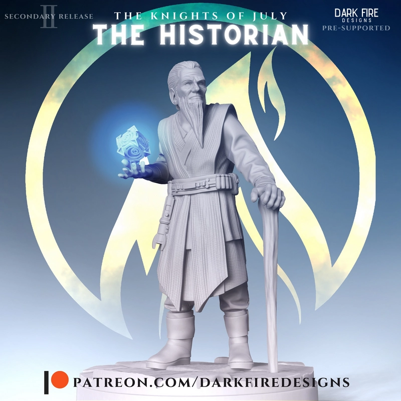 Wolam Tser Star Wars character statue holding a staff and glowing geometric object