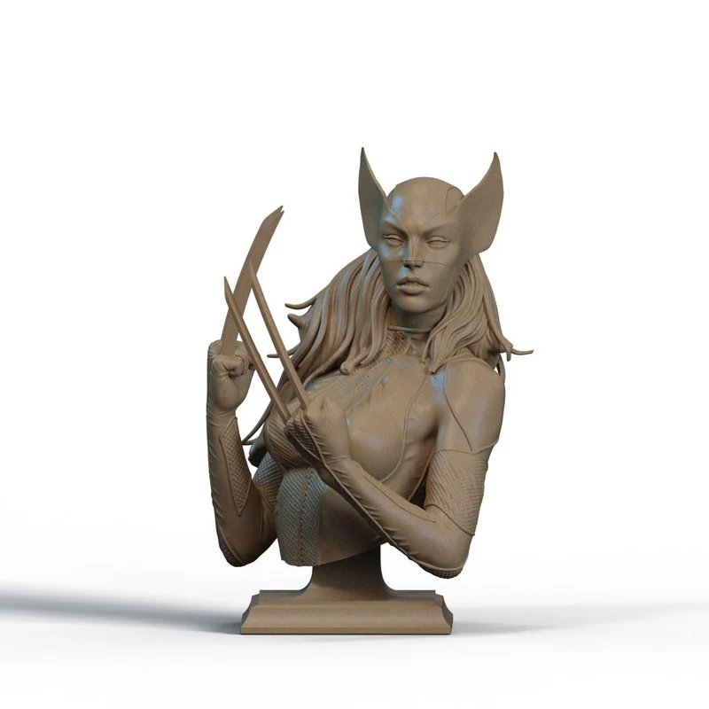 X-23 Marvel bust with long hair, costume details, raised claw-like blades, and pedestal base