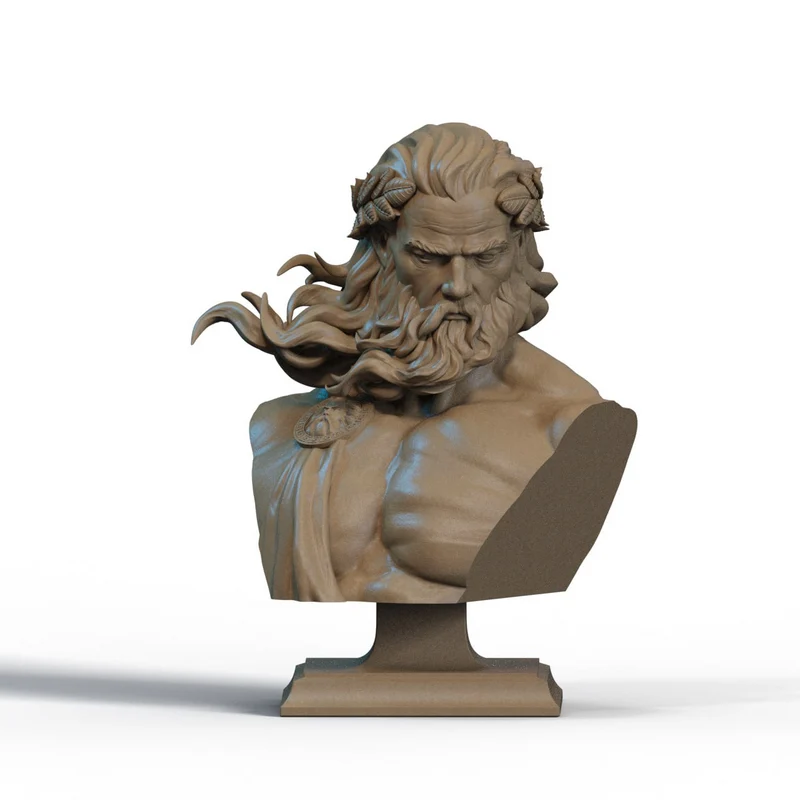 Zeus Greek mythology bust with flowing hair, beard and display pedestal