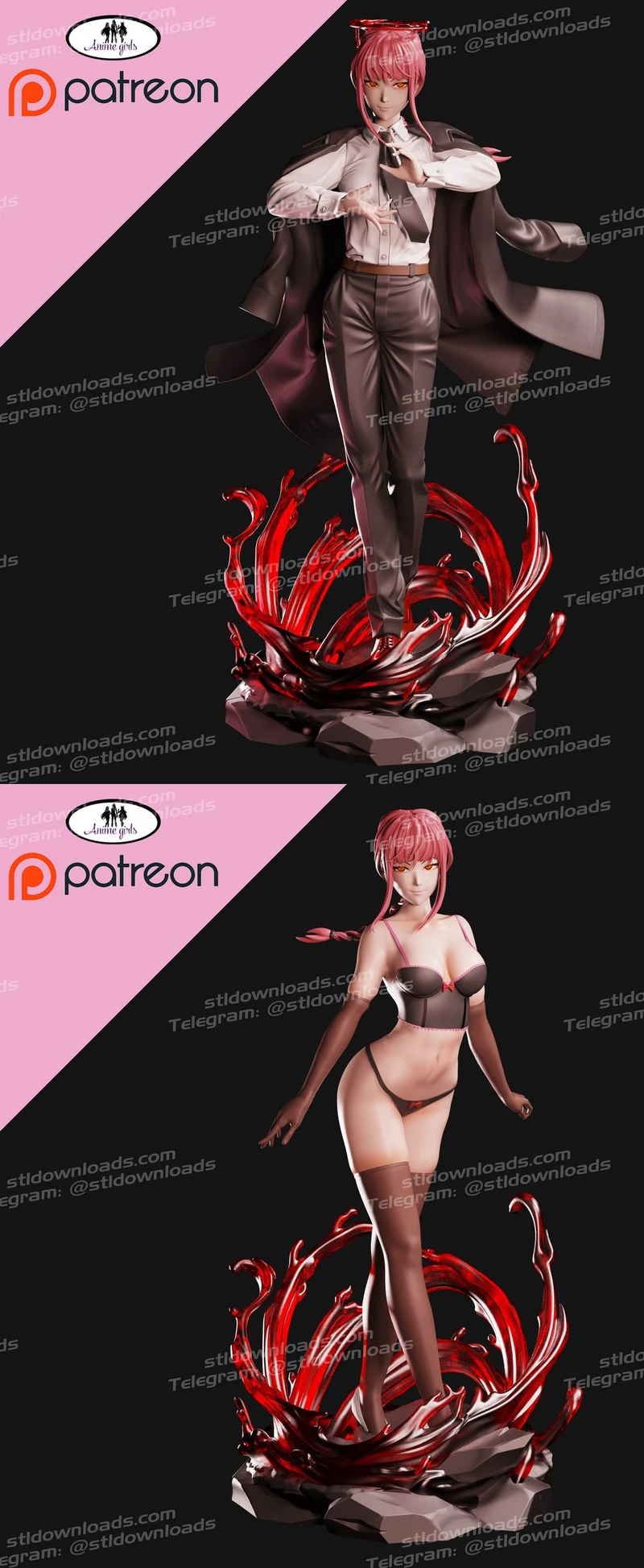 Makima from Chainsaw Man in tailored attire on a red sculptural base