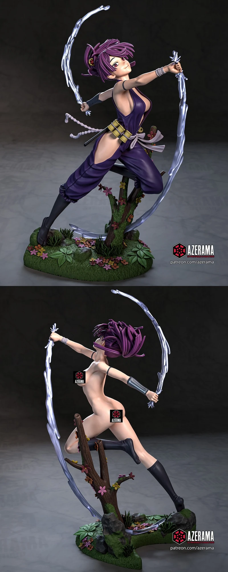 Sagiri Asaemon figure with curved blades on a floral woodland base