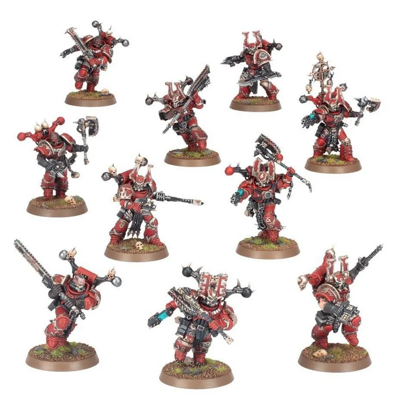 Red-armored sci-fi warrior miniatures with weapons and individual display bases