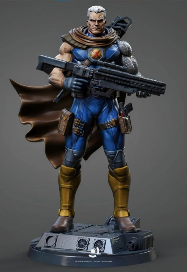Cable Marvel character figure with rifle, blue armor, cape, and display base