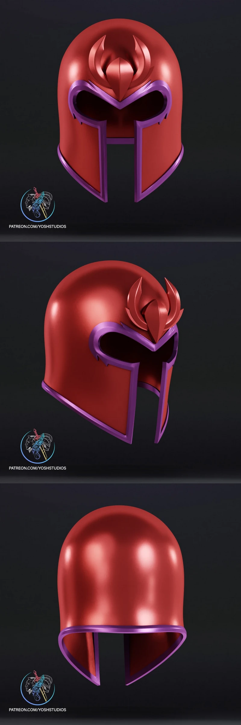 Red and purple Magneto helmet cosplay prop shown from front, side, and rear views