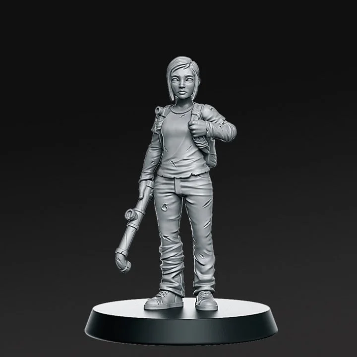 Female adventurer 3D figure with backpack, club and round display base