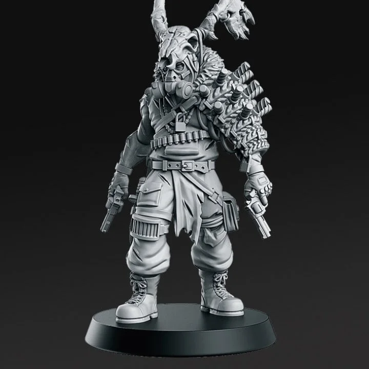 Horned armored Devil Wheeler character figure with pistols on a round base
