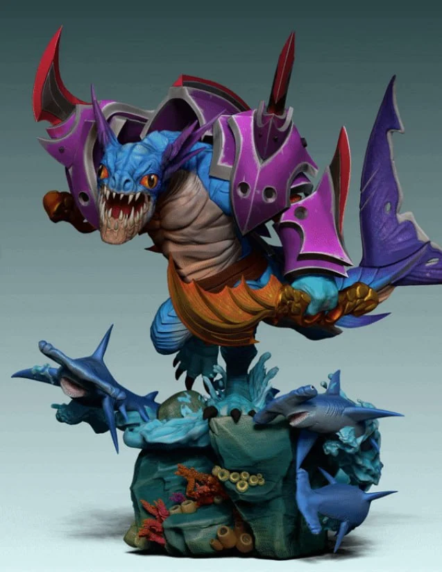 Slark Dota 2 figure with purple armor on an aquatic shark-themed base