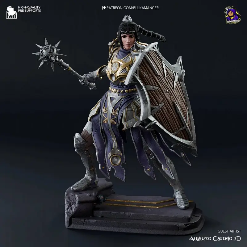 Armored female warrior figurine with a spiked mace, shield, and ornate armor