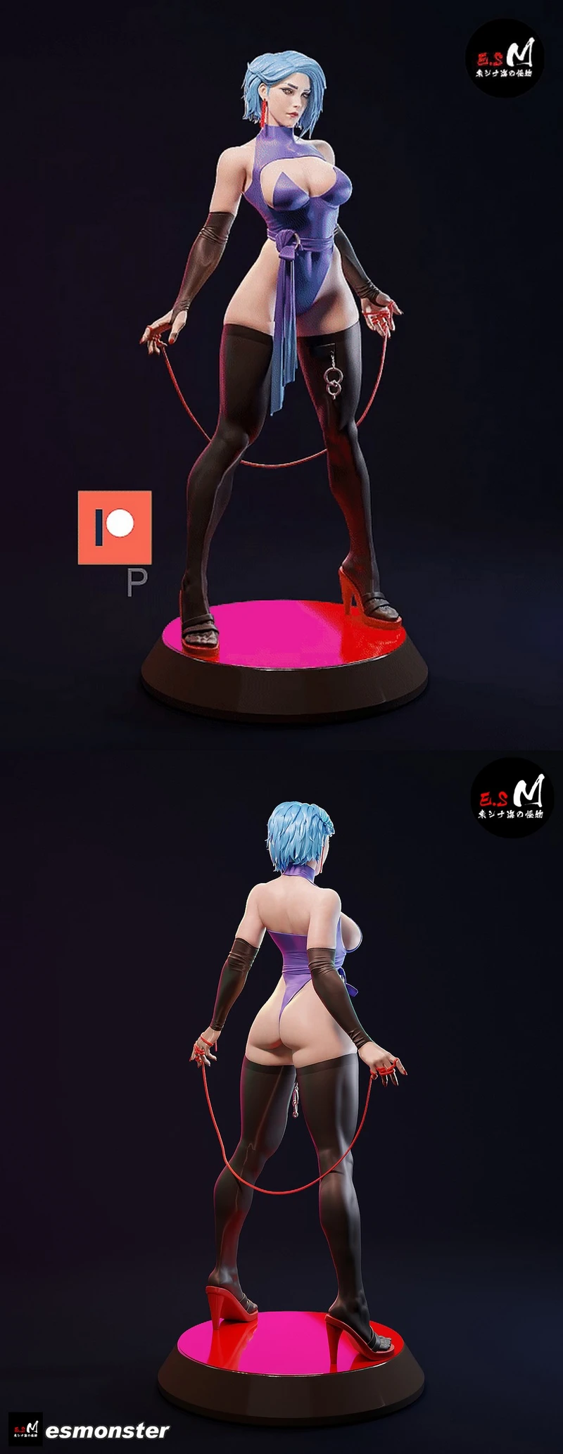 Blue-haired female character STL figure in a purple outfit on a display base