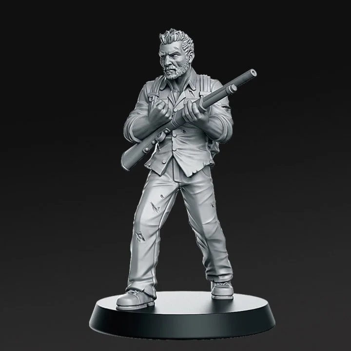 Full-body bearded Father character figure holding a firearm on a round base