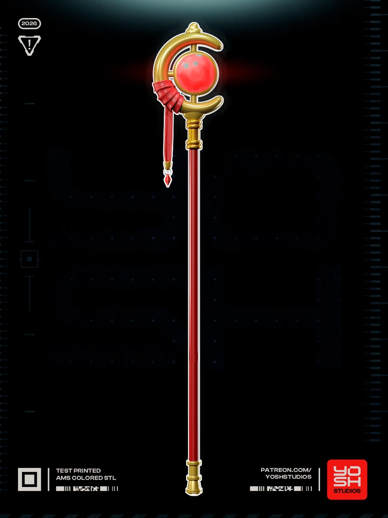 Frieren magical staff with a red shaft, gold crescent head and red orb