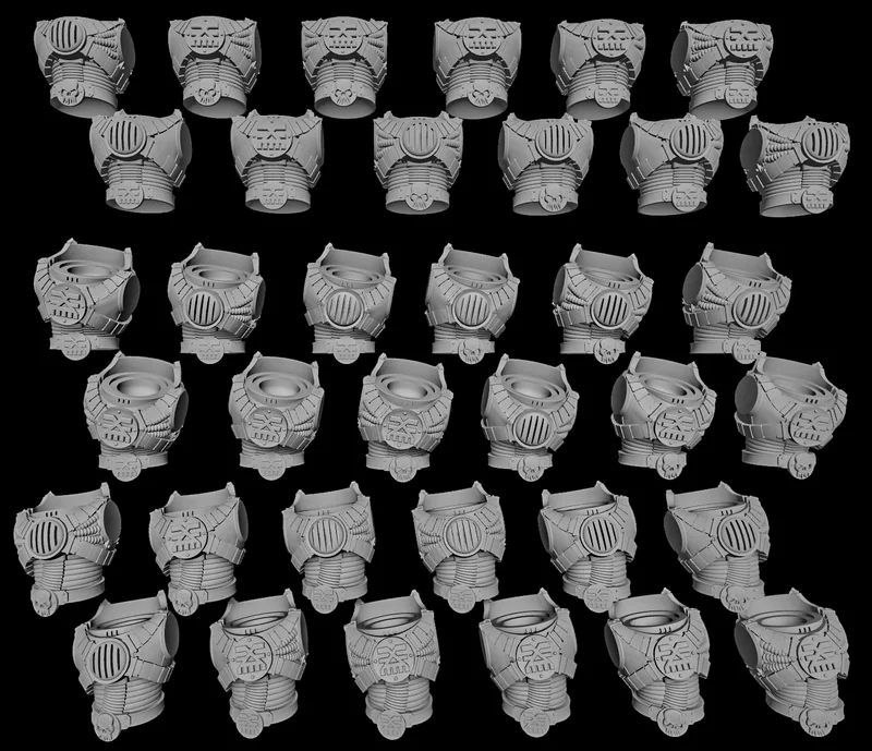Collection of futuristic armored miniature torsos with varied chest details