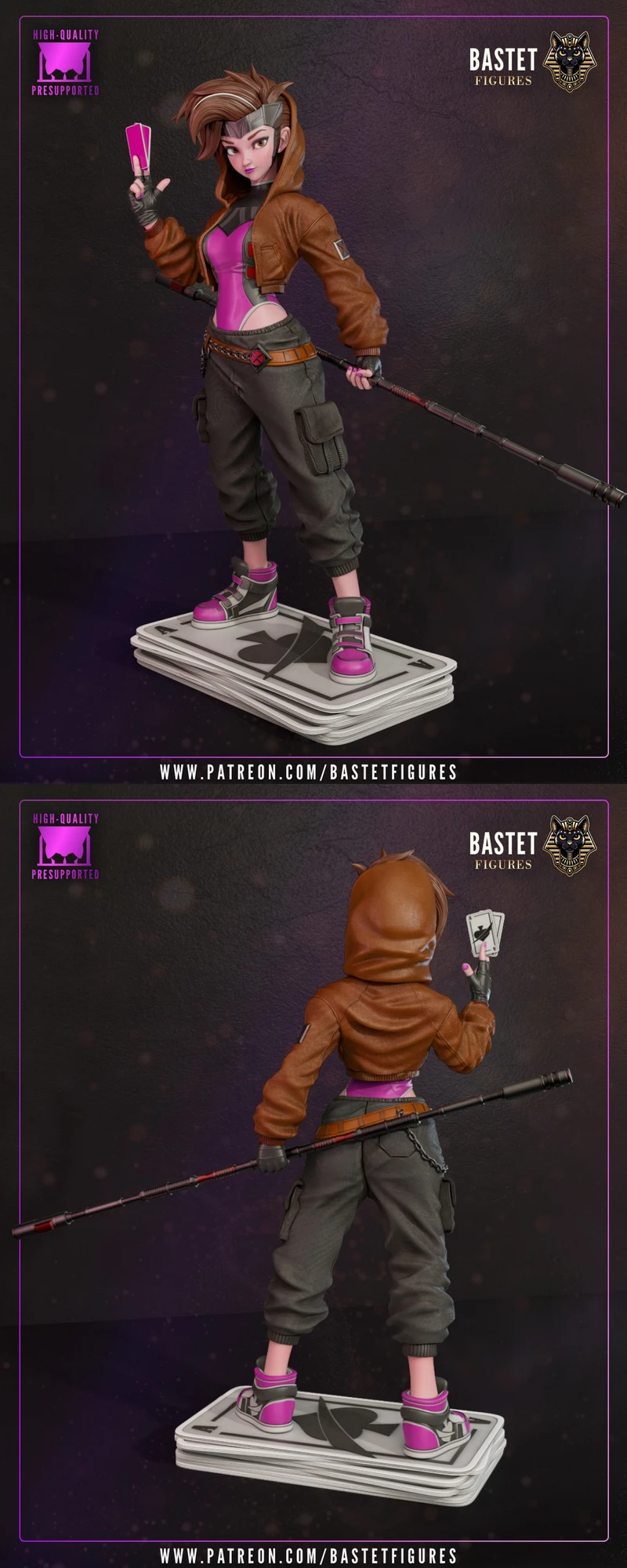 Stylized female interpretation of Marvel Gambit holding a playing card and staff
