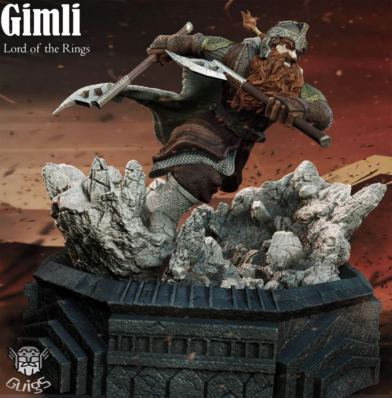 Gimli from The Lord of the Rings in armor with an axe on a rocky base