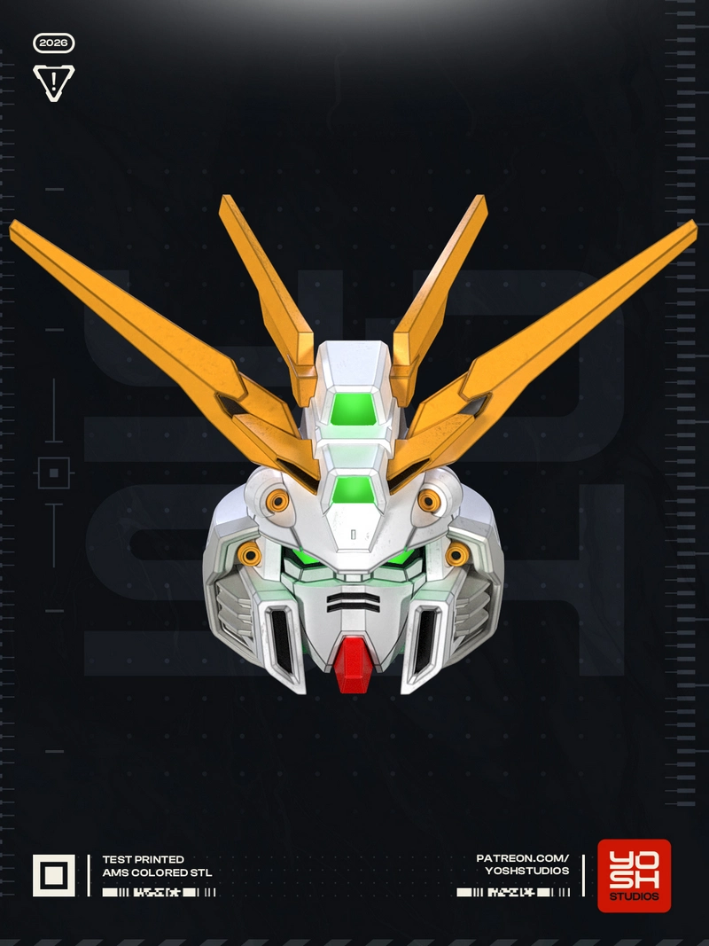 God Gundam helmet with white armor, gold fins, green panels, and red chin detail